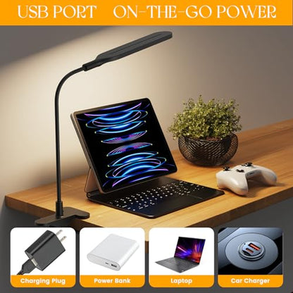 LED Clip on Light, 3 Color Modes & 10 Brightness Levels, 360° Flexible Gooseneck Clamp Lamp, Ultra Wide Brightness Range, USB Eye-Caring Table Light for Home Office/Reading/Painting, Black - style: Desk Lamp