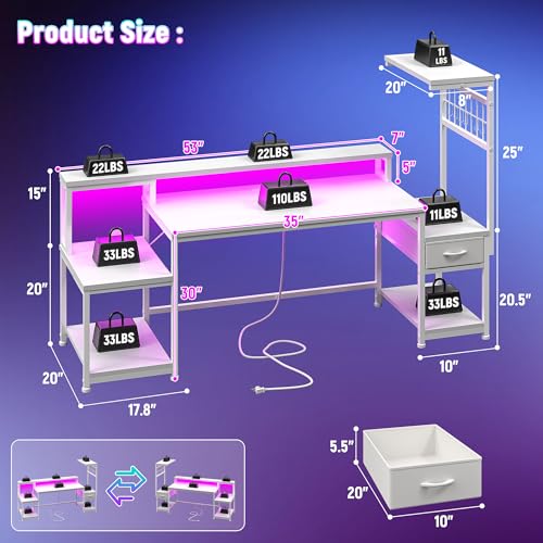 DurayLoly 63" Gaming Desk with RGB LED,Headphone Hook Shelves for Bedroom - color: White, size: 19.6"Dx63"Wx51"H