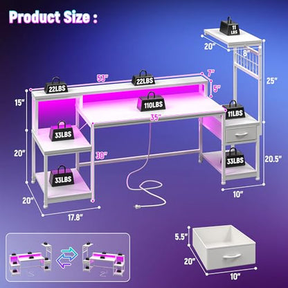 DurayLoly 63" Gaming Desk with RGB LED,Headphone Hook Shelves for Bedroom - color: White, size: 19.6"Dx63"Wx51"H