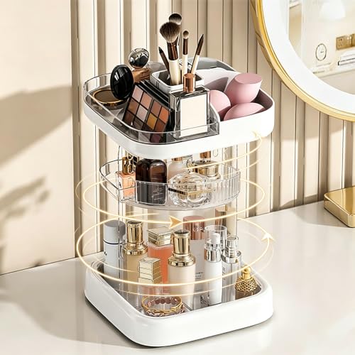 Rotating Makeup Organizer, 5 Adj. Tiers for Skincare & Brush Holder | 14 compartments for cosmetics & jewelry. 360° silent spin. Sturdy, easy-clean acrylic. For vanity, bath & desk - color: White