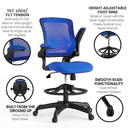 EMMA + OLIVER Mid-Back Blue Mesh Drafting Chair - color: Blue