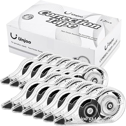 Unjoo White Correction Tape, For school, Office,12pack, 5M/196"x0.2",Black | Easy To Use Applicator for Instant Corrections Wrong Writing At Any Time, Tear-Resistant Correction tape Bulk - color: 12pcs-black