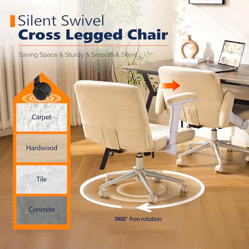 VINGLI Criss Cross Chair with Adjustable Flip-Up Arms,Cross Legged Chair with Wheels, Extra Wide Office Chair,Cozy Desk Chair for Home Office, Vanity, Apartment,Chenille Velvet,Beige - color: Beige