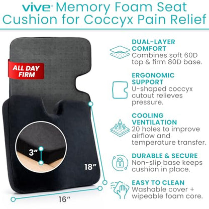 Vive Memory Foam Seat Cushion – Tailbone Pain Relief, Sciatica, Coccyx