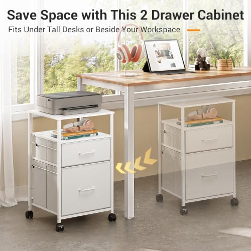 DEVAISE 2 Drawer Fabric Vertical Filing Cabinet, Rolling Printer Stand, White - color: White