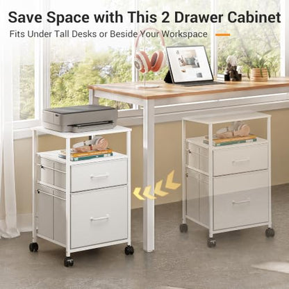 DEVAISE 2 Drawer Fabric Vertical Filing Cabinet, Rolling Printer Stand, White - color: White
