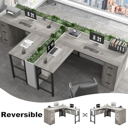 LVB Reversible L Shaped Desk with Drawers, Grey Computer Desk with Storage - color: Light Grey Oak