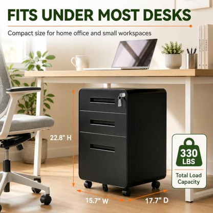 SAWJEC 3 Drawer File Cabinet with Lock, Fully Assembled Mobile Cabinet - color: 02l-black