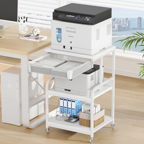 Large Printer Stand with Drawer, 3-Tier Industrial Rolling Cart | 5 Adjustable Shelves, Mobile Printer Table for Desk & Home Office, Fits 3D Printer, Scanner and Fax Machine White - color: White, size: Large(19.7"L X 15.7"W X 32.2"H)