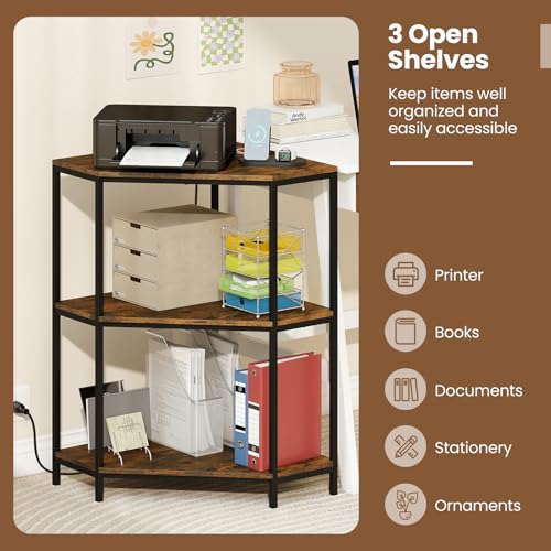 GIANTEX Corner Printer Stand, 3-Tier Corner Shelf with Charging Station and Metal Frame, Small Industrial Bookshelf, Printer Table for Living Room, Kitchen, Home Office (1)