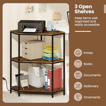 GIANTEX Corner Printer Stand, 3-Tier Corner Shelf with Charging Station and Metal Frame, Small Industrial Bookshelf, Printer Table for Living Room, Kitchen, Home Office (1)