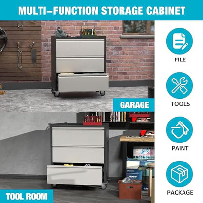 3 Drawer Rolling Garage Storage Cabinet, Small Metal Tool Cabinet with Drawer, Tool Chest & Cabinet for Workshop, Garden, Home, Office, Assembly Required, Black/Gray - size: 18.11"D x 30.29"W x 35.42"H
