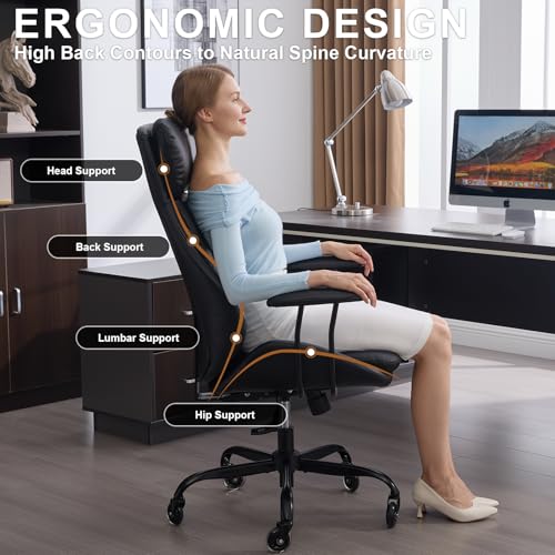 Leather Executive Office Chair, Computer Desk Chair, Black | Ergonomic, Rubber Wheels, Lumbar Support, 360° Swivel, High Back, Adjustable Height, for Modern Home Office - color: Jet Black