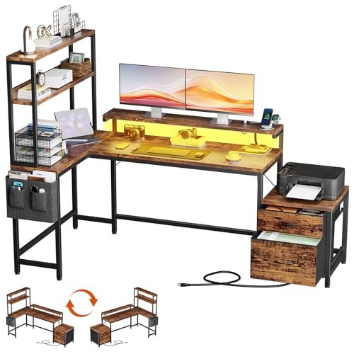 70 Inch Rustic Brown Reversible L Shaped Computer Gaming Desk | Reversible Corner Design, Charging Station, RGB LED Strip, Monitor Riser, File Drawers & Open Storage Shelves - color: Rustic Brown