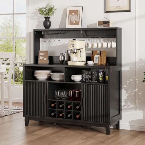 Fluted Buffet Cabinet with Storage, Modern Coffee Bar Cabinet, Black - color: Black, size: Coffee Bar - 15.6"D x 47.2"W x 49.6"H