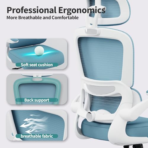 TRALT Office Chair Ergonomic Desk Chair - Gaming Chair with Lumbar Support | 330 LBS Home Office Desk Chairs with Headrest, Reading Chair with Flip-up Armrests, Comfortable Computer Chairs (1, Sky Blue) - color: Sky Blue