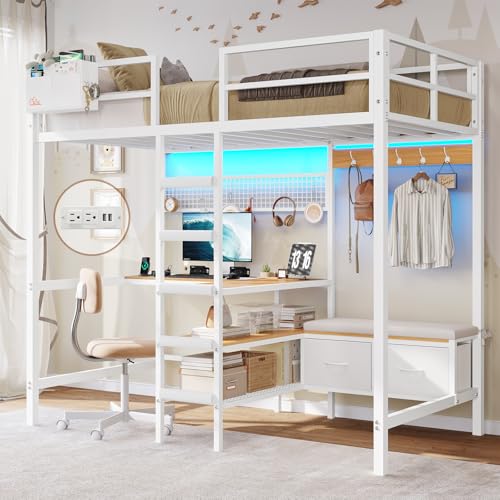 DICTAC Twin Loft Bed with L-Shaped Desk, Storage Shelves and Charging Station Twin Size Metal Loft Bed with LED Lights and Coat Rack with 2 Storage Drawers,Top Bunk with Safety Guard & Stair, White - color: White