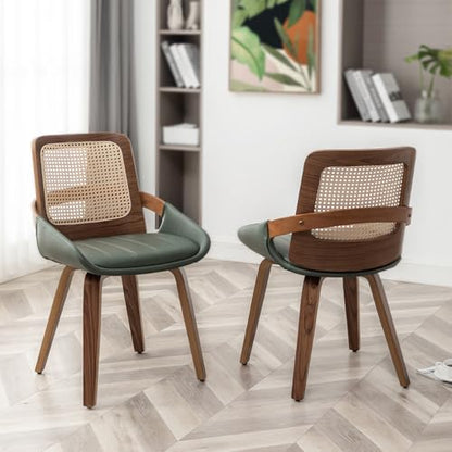 Set of 2 Kitchen & Dining Room Chairs - Green Dining Chairs with Walnut Bentwood Frame, Ergonomic Rattan Back, Curved Arms, Rattan Dining Chairs for Living Room/Reception/Kitchen/Desk (Walnut Green) - color: Walnut Green, size: Set of 2
