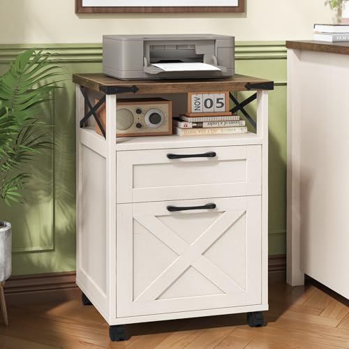 Vabches Office Filing Vertical Cabinet with 2 Drawers, Unique White | Farmhouse Filing Cabinet with Open Storage Space, Wheels and Printer Stand for Hanging Files Letter/A4 for Home Office. - color: Unique White, style: Vertical
