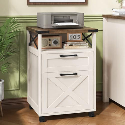 Vabches Office Filing Vertical Cabinet with 2 Drawers, Unique White | Farmhouse Filing Cabinet with Open Storage Space, Wheels and Printer Stand for Hanging Files Letter/A4 for Home Office. - color: Unique White, style: Vertical