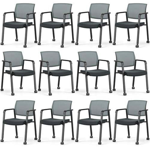 Tangkula Rolling Conference Room Chairs Set of 12, Stackable Office Guest Mesh Chairs with Armrests and Wheels, Ideal for Waiting Room Office, School, Lobby (Grey) - color: Grey, size: Set of 12