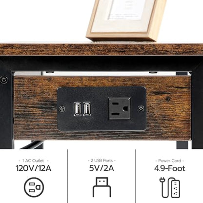 HOOBRO Printer Stand for Desk, Desktop Printer Stand with Charging Station, Small Printer Table with Storage Hook, Under Desk Printer Cart, File Rack for Home Office BF01UPS01 - color: Rustic Brown + Black