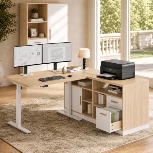 ModernMate 67" L Shaped Executive Standing Desk with Drawer Storage | Electric Adjustable Height Desk, Built-in Power Outlets, 1.18" Thick Desktop, Modular Corner Workstation, White Walnut - color: Light Walnut