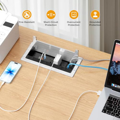 Conference Table Power Hub with HDMI, Tabletop Connectivity Box with RJ45 + 20W USB C + 2 USB A + 2 AC Outlets, Flush Mount Desk Power Outlet for Office School, Silver