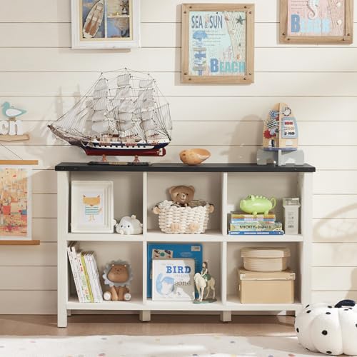 Joaxswe Farmhouse 6 Cube Bookshelf, Antique White & Black Wooden Storage Organizer Book Shelf, 47" Cubby Hallway Bookcase, Kids Toy Storage Cabinet, Modern Open Book Case for Living Room, Playroom - color: Warm White & Black, size: 6 Cube (13.6"D x 47.24"