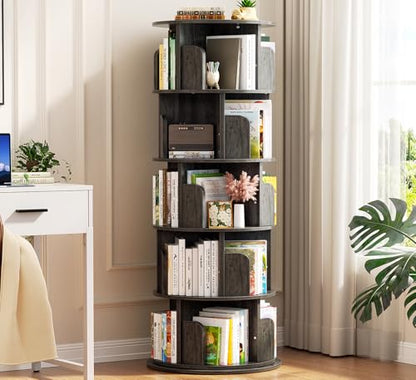 Aheaplus 5 Tier Wood Rotating Bookshelf, 360° Spinning Book Shelf Tower - color: Black Oak, size: 5-Tier