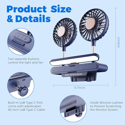 USB Monitor Clip on Fan Deepsea Blue | Flip-Open LED Light Bar, Two-Head Personal Cooling, 3 Wind Speeds, For Flat & Curved Monitors - color: Deepsea Blue