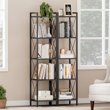 Homhedy 5 Tier Small Bookshelf, Tall Narrow Bookcase, Metal Book Shelf | Industrial Style for Small Spaces, Home, Office, Living Room, Kitchen, Bedroom , 10.4" D x 13" W x 55.1" H, Black - color: Black, size: 10.4"D x 13"W x 55.1"H
