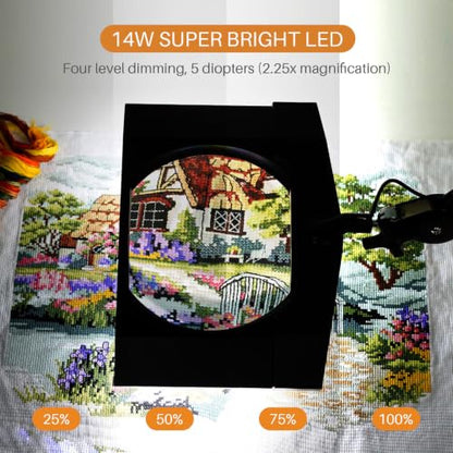 LED Magnifying Lamp with Clamp, 14W 1200LM, 2.25X, Black - color: Black