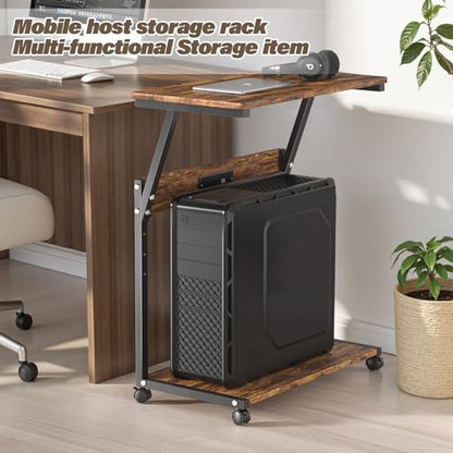 FANXIYQ Computer Tower Stand with Charging Station, Adjustable Height PC Tower Stand for Floor & Carpet, Rolling CPU Holder Cart with Top Shelf, Under Desk PC Cart, Wood Grain - color: Wood Grain