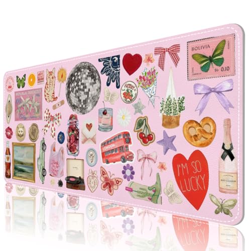Pink Desk Mat, Leather Desk Pad Blotter Protector, XXL Large Mouse Pad,Computer Laptop Mouse Pads for Desktop,Waterproof Writing Anti-Slip Mousepad for Office and Home I Colorful Stickers - color: Colorful Stickers