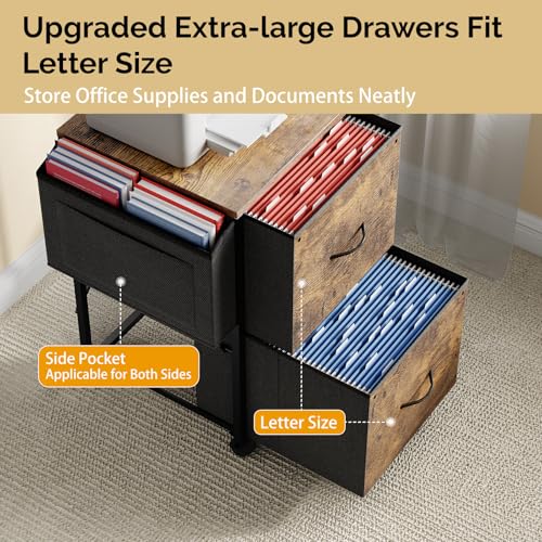 VINGLI 2 Drawer File Cabinet with Side Bag, Rolling Mobile Under Desk with Wheels, Fabric Drawers Printer Stand for Home Office, Fits Letter Size, Rustic Brown - color: Rustic Brown, size: Small 2 Drawers