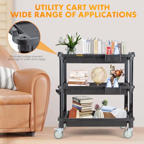 3-Shelf Rolling Utility Cart with Power Strip, 32.4 x 18.3 in | Multi-Use Rolling Cart, Deep Shelves, Industrial-Grade Plastic Cart, Service Tool Cart, Work Cart, AV Equipment Storage - style: With Power Strip