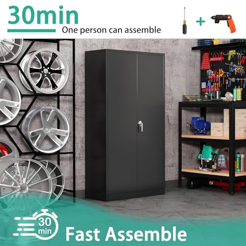 Black Metal Storage Cabinet with Door, Locking Steel Cabinet with 4 Adjuestable Shelves, Tall Lockable Garage Tool Storage Cabinet for Home, Office, Pantry, Assembly Required - size: 35.43" W x 17.71" D x 70.87" H