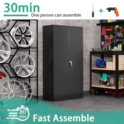 Black Metal Storage Cabinet with Door, Locking Steel Cabinet with 4 Adjuestable Shelves, Tall Lockable Garage Tool Storage Cabinet for Home, Office, Pantry, Assembly Required - size: 35.43" W x 17.71" D x 70.87" H