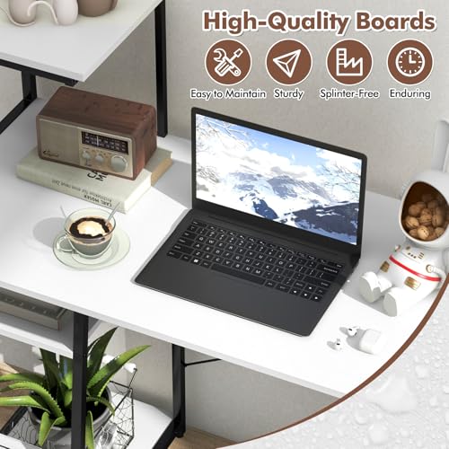 MAT EXPERT Computer Desk with Ladder Shaped Shelves, Compact Home Office Desk w/Monitor Stand & Adjustable Foot Pads, Modern Writing Study Desk PC Laptop Workstation for Home Office (White) - color: White