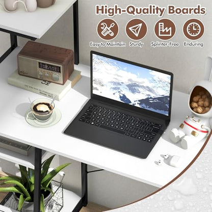 MAT EXPERT Computer Desk with Ladder Shaped Shelves, Compact Home Office Desk w/Monitor Stand & Adjustable Foot Pads, Modern Writing Study Desk PC Laptop Workstation for Home Office (White) - color: White