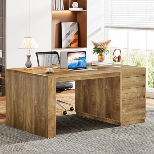 Tribesigns 55-Inch Computer Desk with 3 Drawers, Farmhouse Home Office Desk with Adjustable File Cabinet, Study Table Office Workstation, Walnut Brown