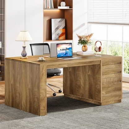 Tribesigns 55-Inch Computer Desk with 3 Drawers, Farmhouse Home Office Desk with Adjustable File Cabinet, Study Table Office Workstation, Walnut Brown