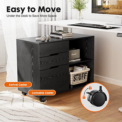 File Cabinet with 3 Drawers, Mobile Lateral Filing Cabinet with Open Storage Shelves for Home Office Under Desk Storage, Black - color: Black