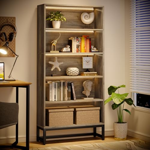 Tribesigns Tall Bookcase Bookshelf, 70.8" Large Bookcases Organizer with LED Lights, Heavy Duty Free-Standing Library Bookshelf with 5-Tier Storage Shelves for Living Room, Bedroom (Gray) - color: Grey