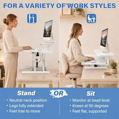 37" Height Adjustable Standing Desk Converter, 4.9" to18.5 Height Adjustable Sit Stand Up Desk Riser with Secondary Desks, Desktop Workstation Riser for Home Office Computer Laptop, White - color: White