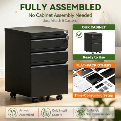 SAWJEC 3 Drawer Mobile File Cabinet with Lock, Fully Assembled, Black - color: 02b-black