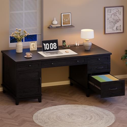 Garvee 60" Wooden Home Office Desk with File Drawers, Executive Desk with Adjustable Cabinet, Farmhouse Wood Desk with Power Outlet, Distressed Study and Work Table, Rustic Black - color: Rustic Black, size: 60" W