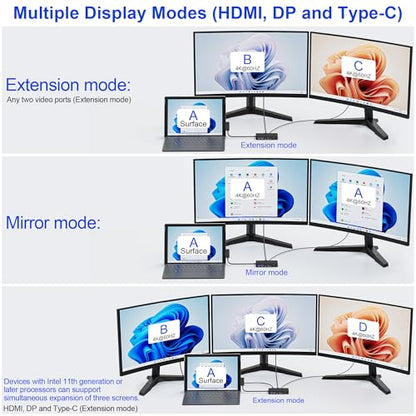 Surface Docking Station 12-in-1, Triple Display 4K@60Hz Dock with HDMI, DP, USB-C, 4-Screen Support, 4 USB Ports, SD/TF, Audio for Surface Pro 11/10/9/8/7, Surface Laptop, Book, Go - color: HDMI+DP+USB-C Surface Dock