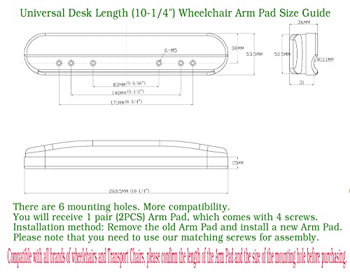 Universal Desk Arm Pad,Universal Desk Length (10-1/4") Wheelchair and Transport Chair Arm Pads w/Hardware, Replacement Vinyl Arm Pad Parts, Compatible with All Brands,(1Pair,Black)